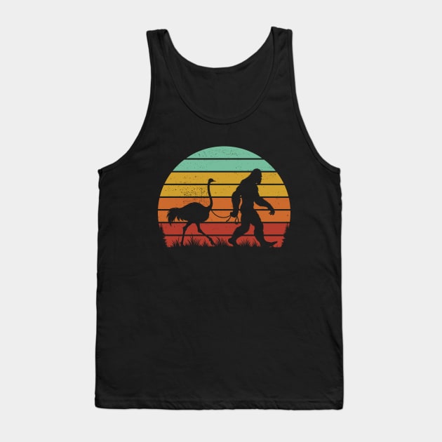 Bigfoot Sasquatch Walking An Ostrich Vintage Sunset Bird Lover Tank Top by Cuteness Klub